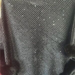 Elegant Black sparkle Poncho  with Faux Fur Trim